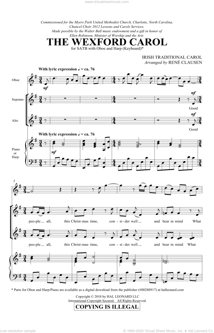 The Wexford Carol (arr. Rene Clausen) sheet music for choir (SATB: soprano, alto, tenor, bass) by Rene Clausen and Miscellaneous, intermediate skill level