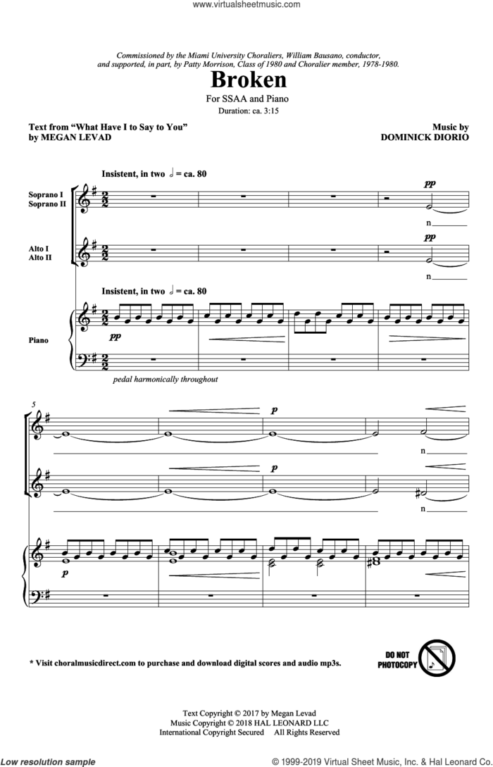 Broken sheet music for choir (SSA: soprano, alto) by Dominick DiOrio, Megan Levad and Megan Levad & Dominick DiOrio, intermediate skill level