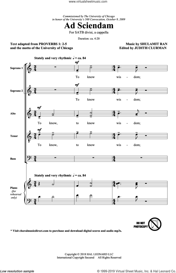 Ad Sciendam sheet music for choir (SATB: soprano, alto, tenor, bass) by Shulamit Ran and Proverbs 1:2-5, intermediate skill level