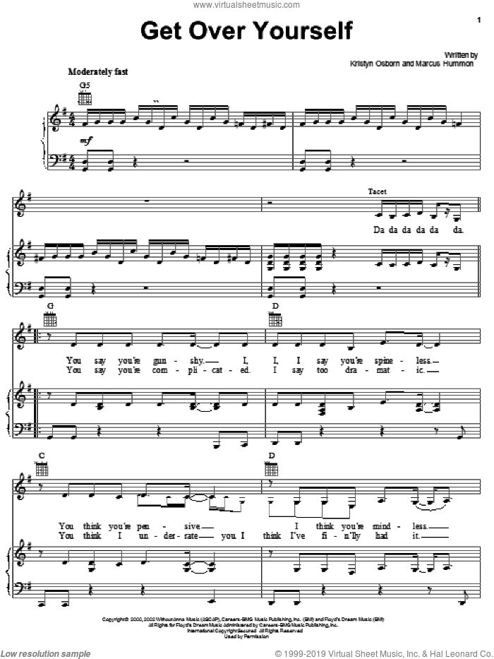 Get Over Yourself sheet music for voice, piano or guitar by SHeDAISY, Kristyn Osborn and Marcus Hummon, intermediate skill level
