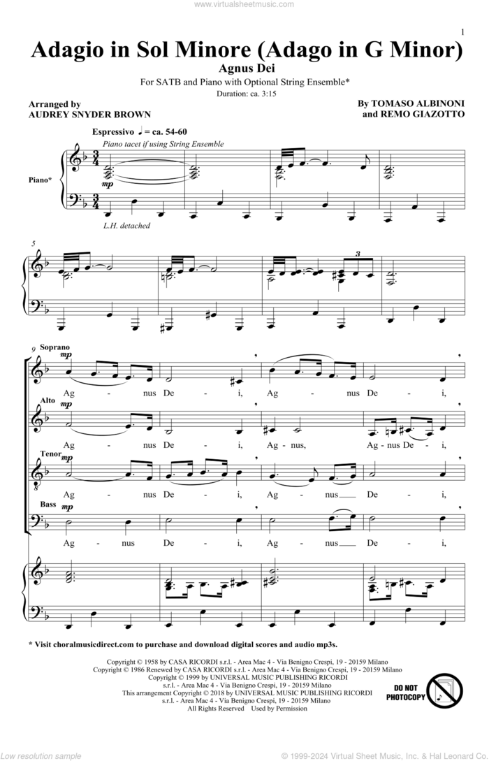 Adagio In Sol Minore (Adagio In G Minor) (arr. Audrey Snyder) sheet music for choir (SATB: soprano, alto, tenor, bass) by Tomaso Albinoni, Audrey Snyder, Remo Giazotto and Tomaso Albinoni & Remo Giazotto, classical score, intermediate skill level