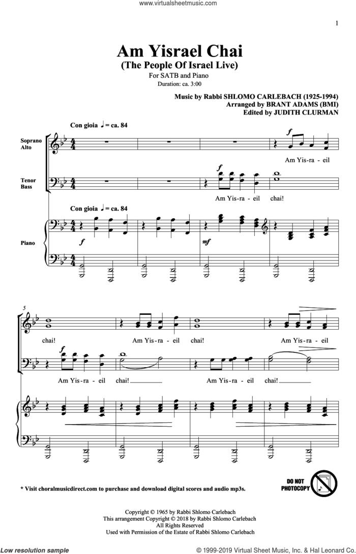 Am Yisrael Chai (arr. Brant Adams) sheet music for choir (SATB: soprano, alto, tenor, bass) by Rabbi Shlomo Carlebach and Brant Adams, intermediate skill level