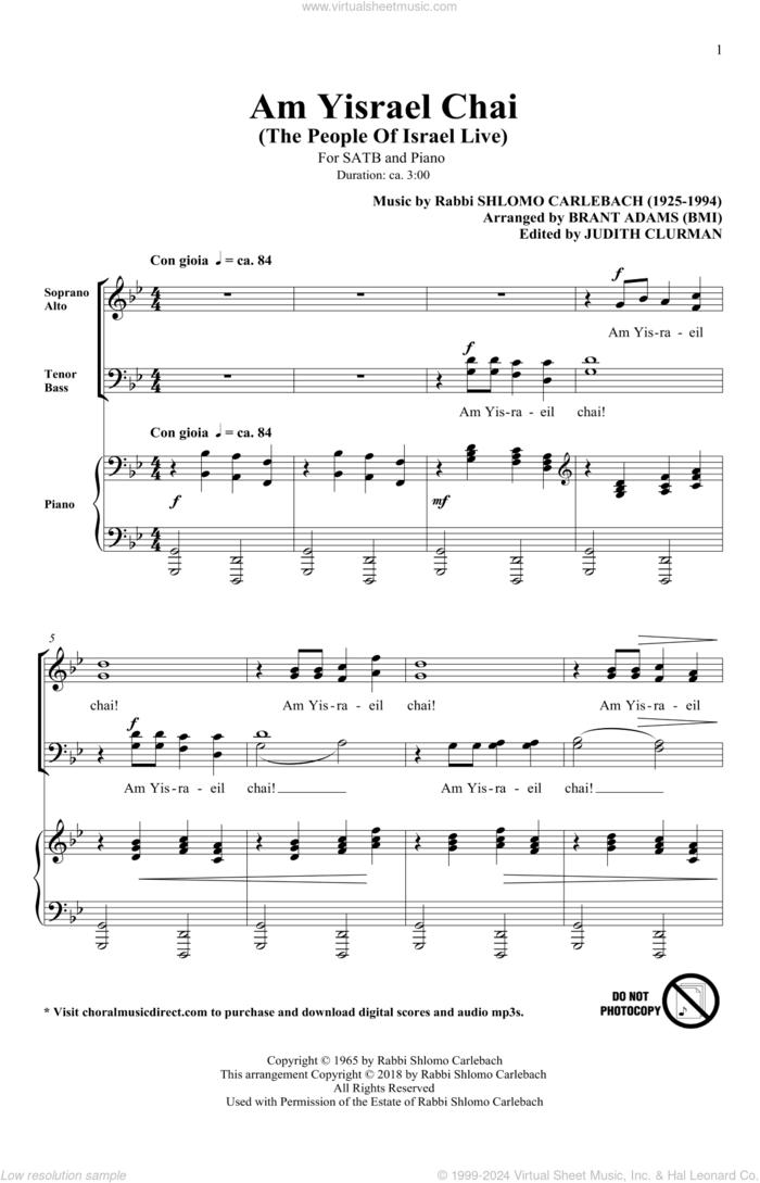 Am Yisrael Chai (arr. Brant Adams) sheet music for choir (SATB: soprano, alto, tenor, bass) by Rabbi Shlomo Carlebach and Brant Adams, intermediate skill level