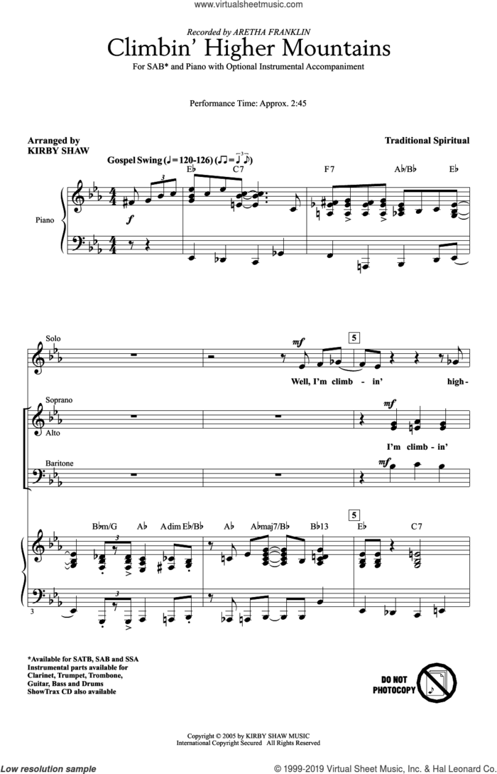 Climbin' Higher Mountains (arr. Kirby Shaw) sheet music for choir (SAB: soprano, alto, bass) by Aretha Franklin, Kirby Shaw and Miscellaneous, intermediate skill level