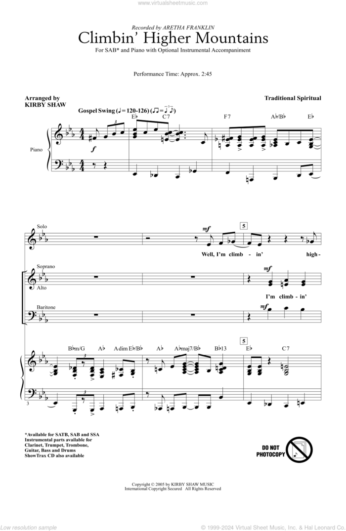 Climbin' Higher Mountains (arr. Kirby Shaw) sheet music for choir (SAB: soprano, alto, bass) by Aretha Franklin, Kirby Shaw and Miscellaneous, intermediate skill level