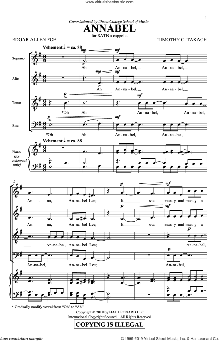 Annabel sheet music for choir (SATB: soprano, alto, tenor, bass) by Timothy C. Takach and Edgar Allan Poe, intermediate skill level