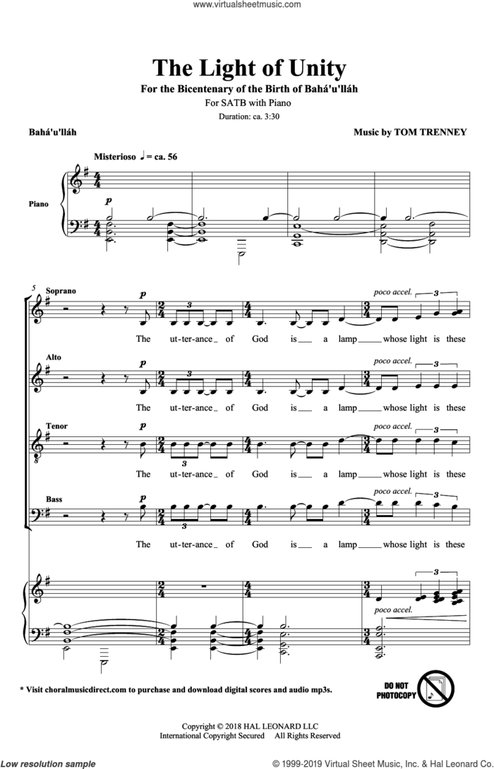 The Light Of Unity sheet music for choir (SATB: soprano, alto, tenor, bass) by Tom Trenney and Baha'u'llah & Tom Trenney, intermediate skill level