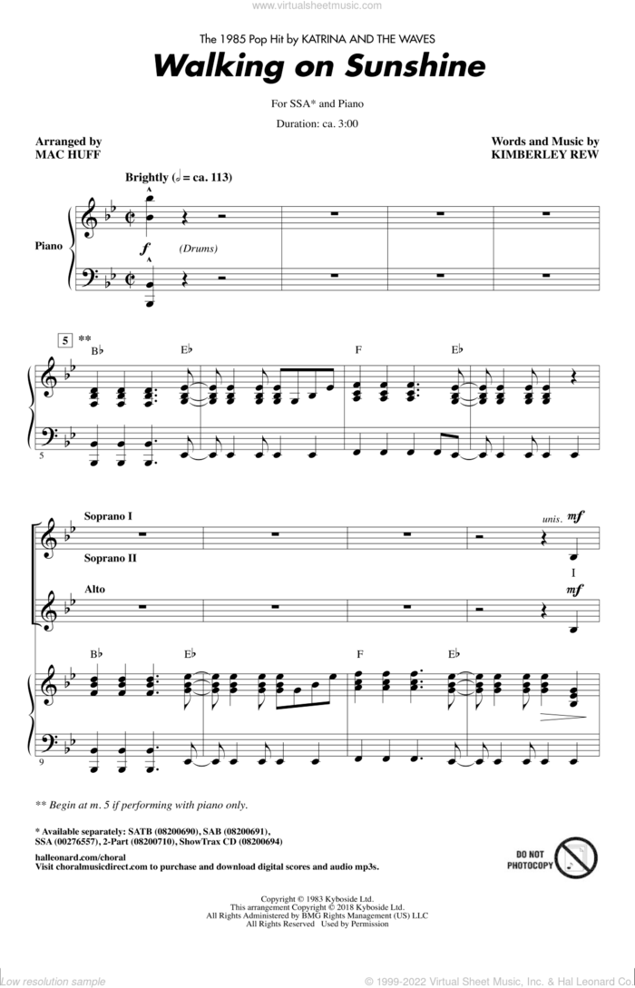 Walking On Sunshine (arr. Mac Huff) sheet music for choir (SSA: soprano, alto) by Katrina And The Waves, Mac Huff and Kimberley Rew, intermediate skill level