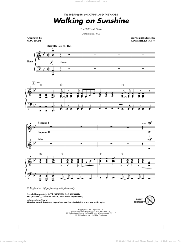 Walking On Sunshine (arr. Mac Huff) sheet music for choir (SSA: soprano, alto) by Katrina And The Waves, Mac Huff and Kimberley Rew, intermediate skill level