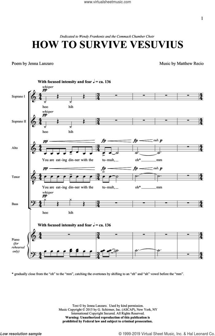 How To Survive Vesuvius sheet music for choir (SATB: soprano, alto, tenor, bass) by Matthew Recio & Jenna Lanzaro, Jenna Lanzaro and Matthew Recio, intermediate skill level