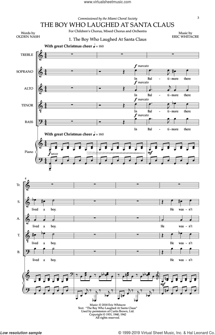 The Boy Who Laughed At Santa Claus sheet music for choir (SATB: soprano, alto, tenor, bass) by Eric Whitacre, Eric Whitacre & Ogden Nash and Ogden Nash, intermediate skill level