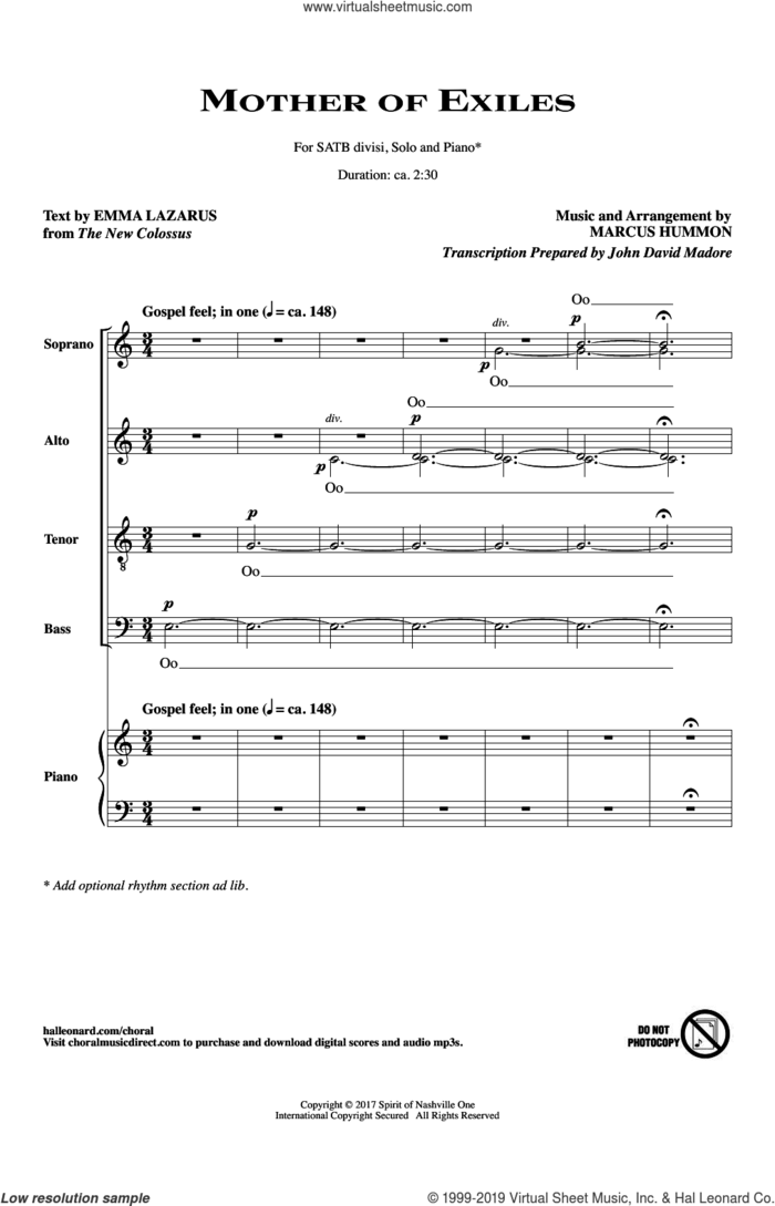 Mother Of Exiles sheet music for choir by Emma Lazarus & Marcus Hummon, Emma Lazarus and Marcus Hummon, intermediate skill level