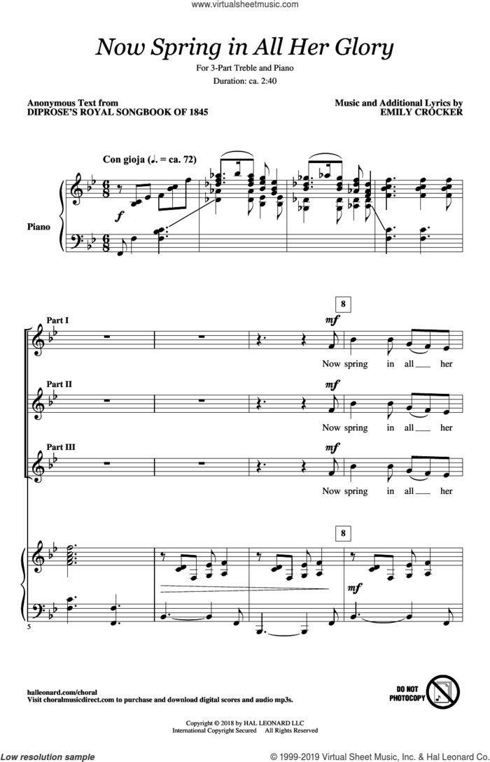 Now Spring In All Her Glory sheet music for choir (3-Part Treble) by Emily Crocker, intermediate skill level