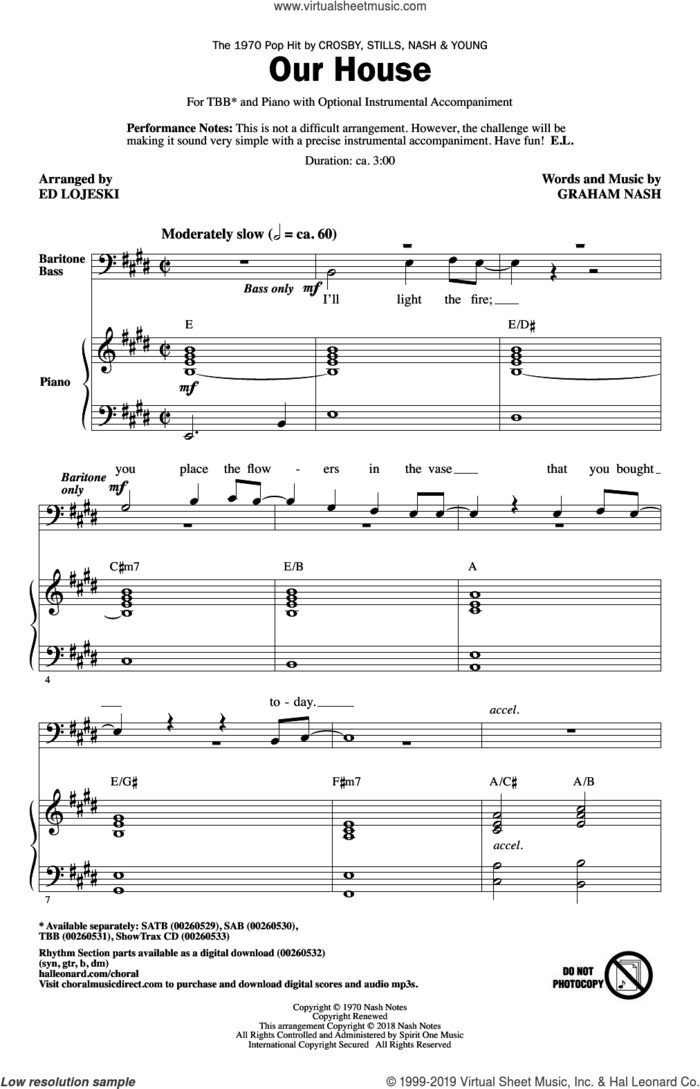 Our House (arr. Ed Lojeski) sheet music for choir (TBB: tenor, bass) by Crosby, Stills, Nash & Young, Ed Lojeski and Graham Nash, intermediate skill level