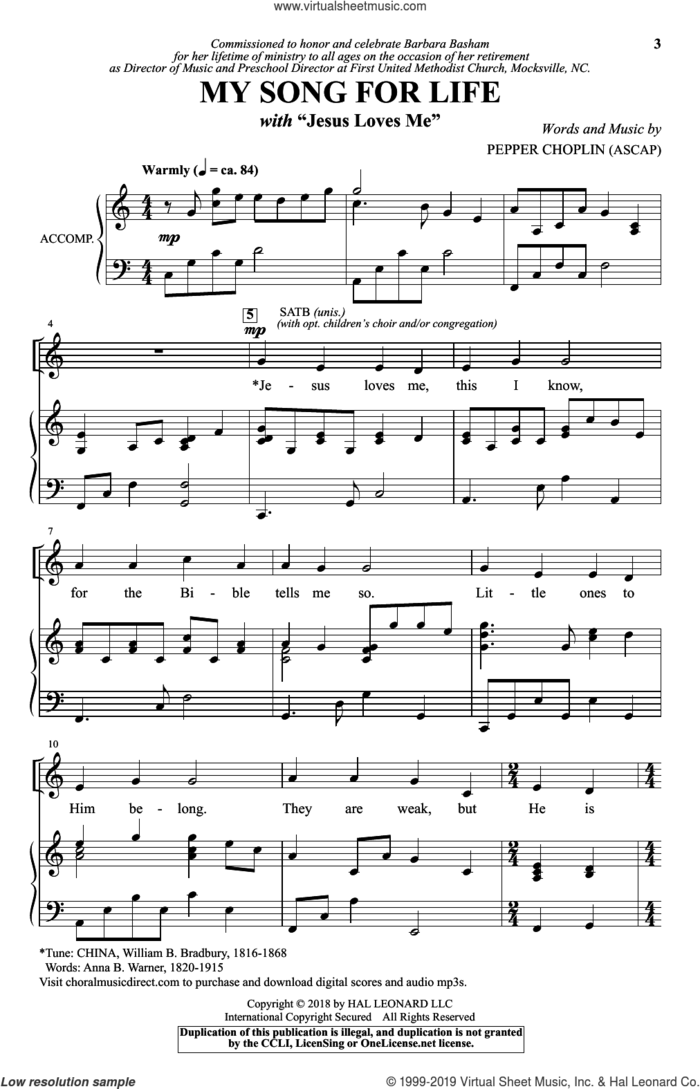 My Song For Life (With 'Jesus Loves Me') sheet music for choir (SATB: soprano, alto, tenor, bass) by Pepper Choplin, Anna B. Warner and William Bradbury, intermediate skill level