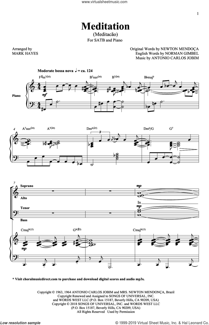Meditation (Meditacao) (arr. Mark Hayes) sheet music for choir (SATB: soprano, alto, tenor, bass) by Antonio Carlos Jobim and Mark Hayes, intermediate skill level