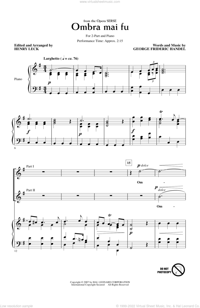 Ombra Mai Fu (from Serse) (arr. Henry Leck) sheet music for choir (2-Part) by George Frideric Handel and Henry Leck, classical score, intermediate duet