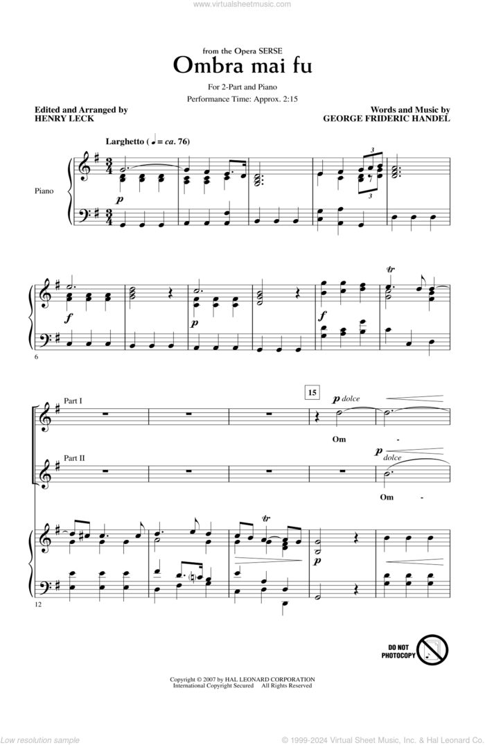 Ombra Mai Fu (from Serse) (arr. Henry Leck) sheet music for choir (2-Part) by George Frideric Handel and Henry Leck, classical score, intermediate duet