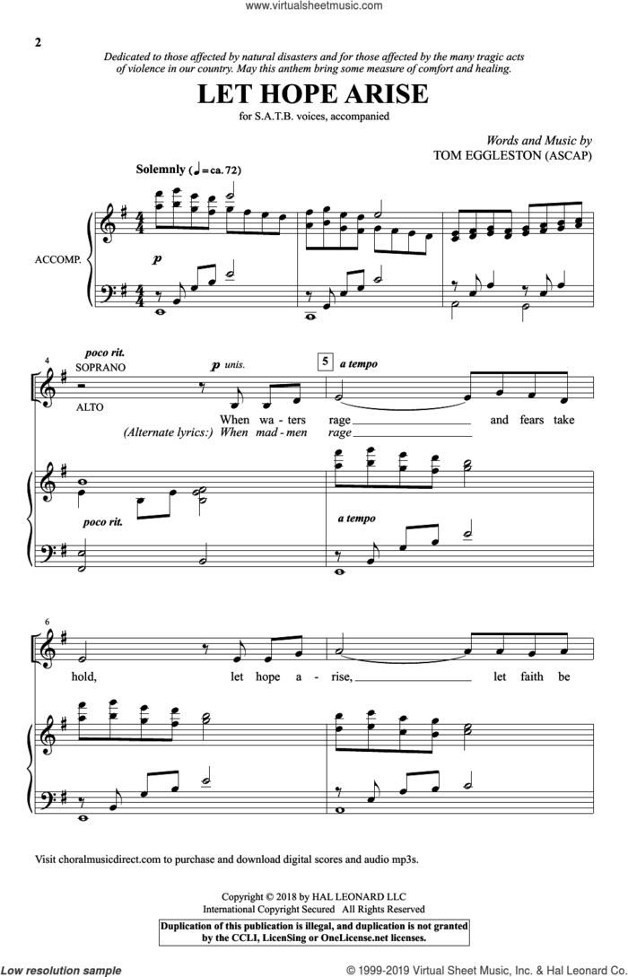 Let Hope Arise sheet music for choir (SATB: soprano, alto, tenor, bass) by Tom Eggleston, intermediate skill level