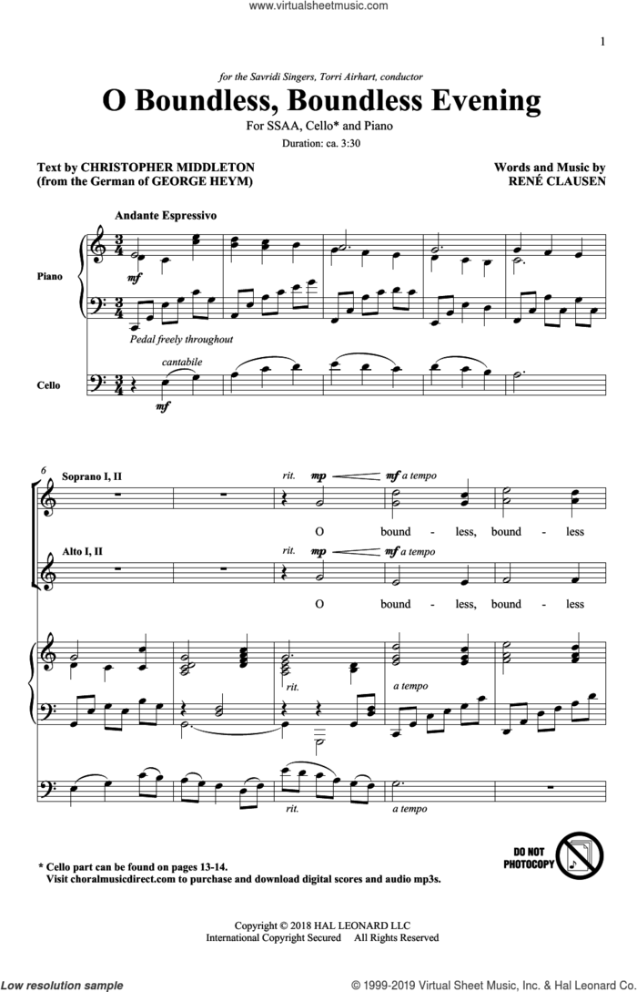 O Boundless, Boundless Evening sheet music for choir (SSA: soprano, alto) by Rene Clausen, Christopher Middleton and Rene Clausen, intermediate skill level