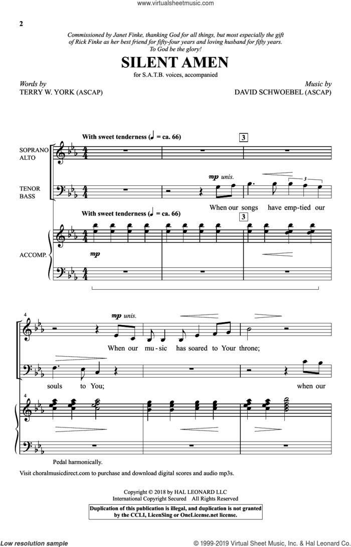 Silent Amen sheet music for choir (SATB: soprano, alto, tenor, bass) by David Schwoebel, Terry W. York and Terry York & David Schwoebel, intermediate skill level