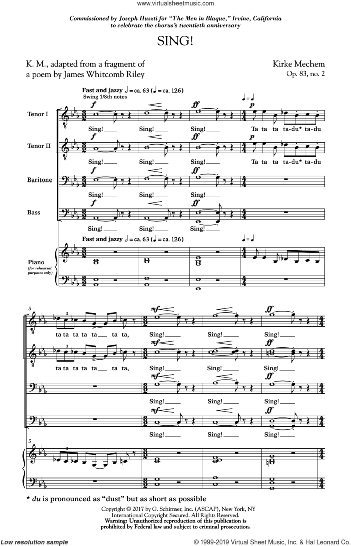 Sing! sheet music for choir (TTBB: tenor, bass) by Kirke Mechem and James Whitcomb Riley, intermediate skill level