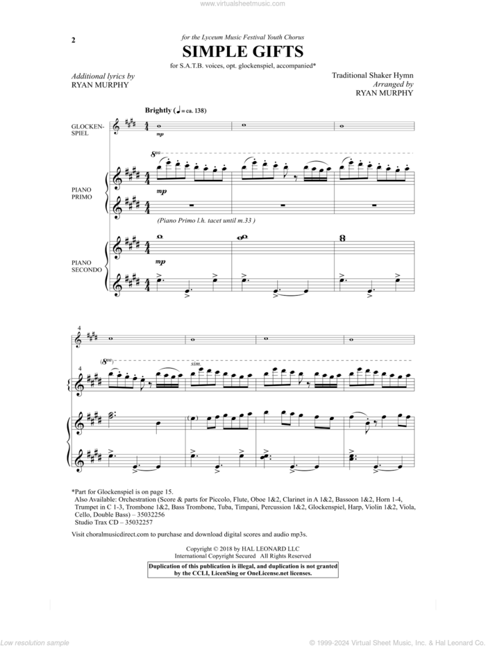 Simple Gifts sheet music for choir (SATB: soprano, alto, tenor, bass) by Ryan Murphy and Miscellaneous, intermediate skill level