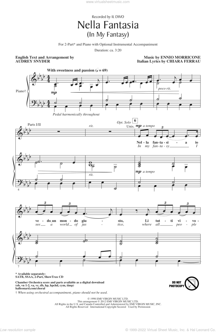 Nella Fantasia (In My Fantasy) (arr. Audrey Snyder) sheet music for choir (2-Part) by Ennio Morricone, Audrey Snyder, Il Divo and Chiara Ferrau, classical score, intermediate duet
