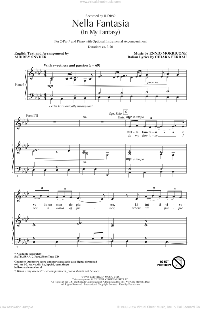 Nella Fantasia (In My Fantasy) (arr. Audrey Snyder) sheet music for choir (2-Part) by Ennio Morricone, Audrey Snyder, Il Divo and Chiara Ferrau, classical score, intermediate duet