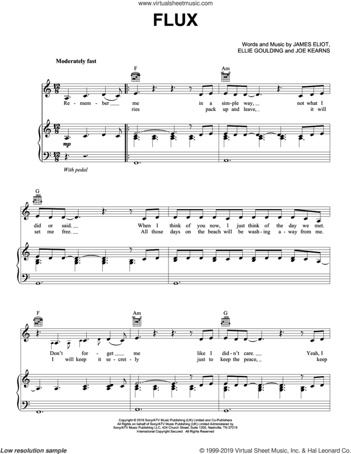 Flux sheet music for voice, piano or guitar by Ellie Goulding, Jim Eliot and Joe Kearns, intermediate skill level