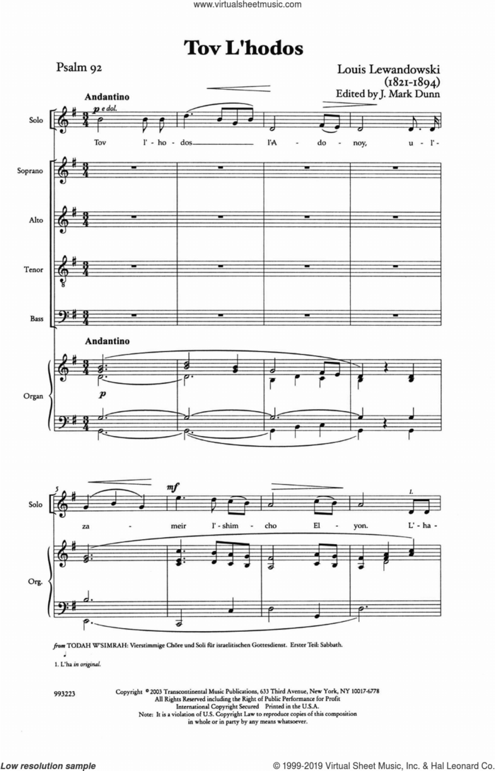 Tov L'hdot (it Is Good To Give Thanks) sheet music for choir (SATB: soprano, alto, tenor, bass) by Louis Lewandowski, intermediate skill level