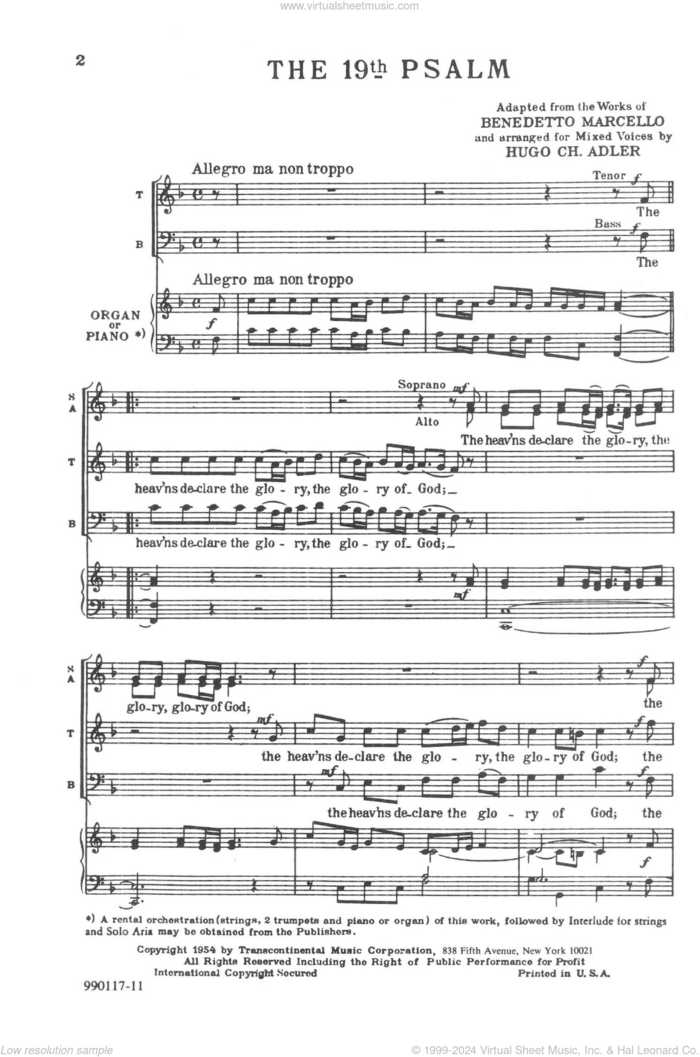 The 19th Psalm Organ Or Piano sheet music for choir (SATB: soprano, alto, tenor, bass) by Benedetto Marcello and Hugo Adler, classical score, intermediate skill level