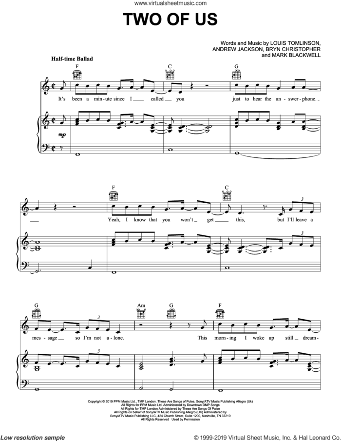 Two Of Us sheet music for voice, piano or guitar by Louis Tomlinson, Andrew Jackson, Bryn Christopher and Duck Blackwell, intermediate skill level