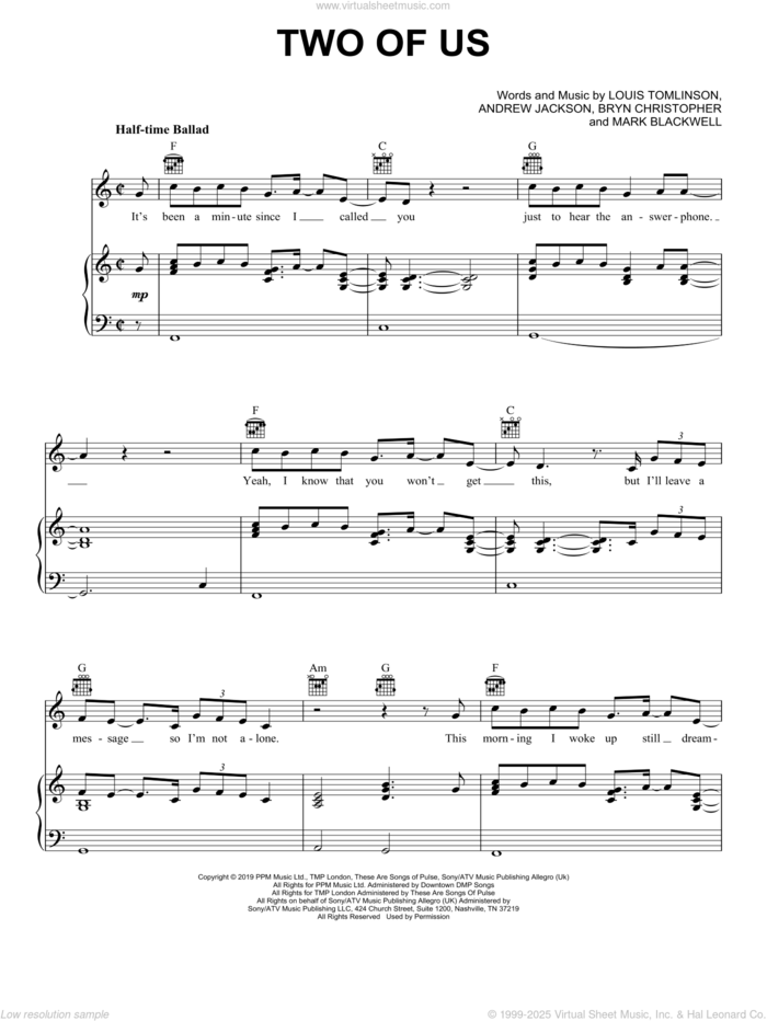 Two Of Us sheet music for voice, piano or guitar by Louis Tomlinson, Andrew Jackson, Bryn Christopher and Duck Blackwell, intermediate skill level