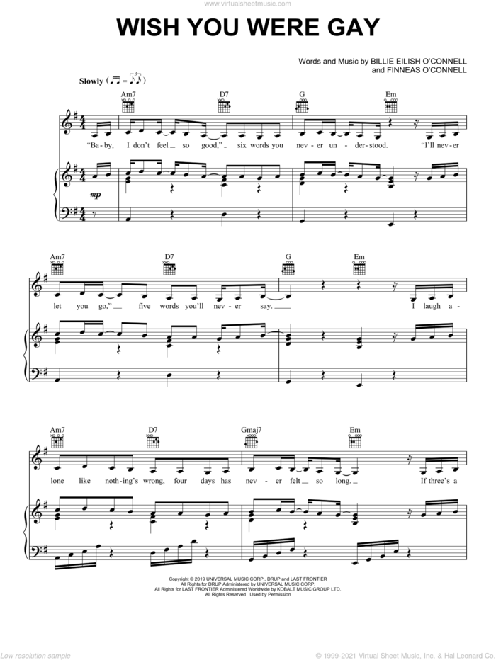 wish you were gay sheet music for voice, piano or guitar by Billie Eilish, intermediate skill level