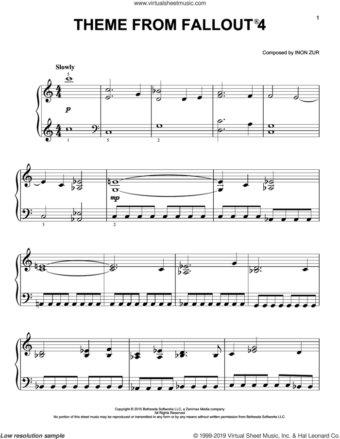Theme From Fallout 4, (easy) sheet music for piano solo by Inon Zur, easy skill level