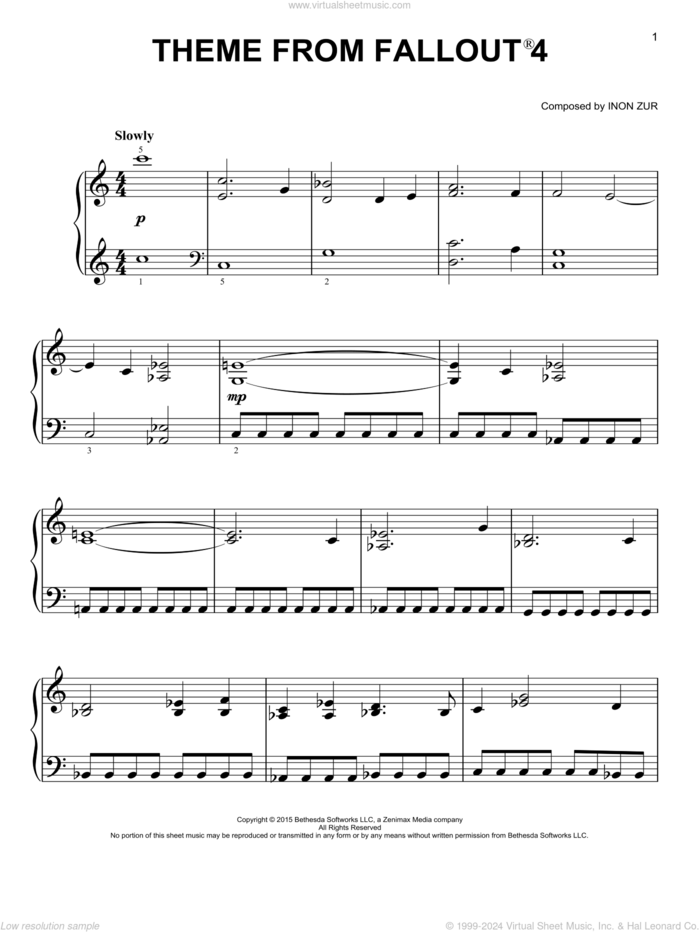 Theme From Fallout 4, (easy) sheet music for piano solo by Inon Zur, easy skill level