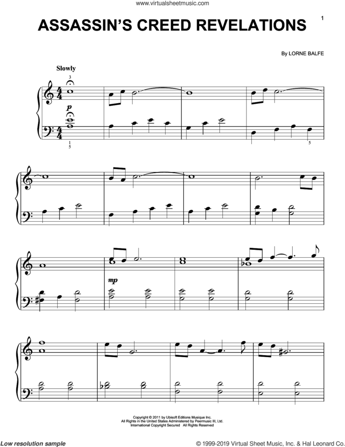 Assassin's Creed Revelations sheet music for piano solo by Lorne Balfe, easy skill level