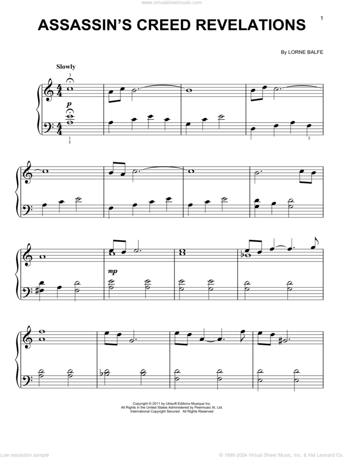 Assassin's Creed Revelations sheet music for piano solo by Lorne Balfe, easy skill level