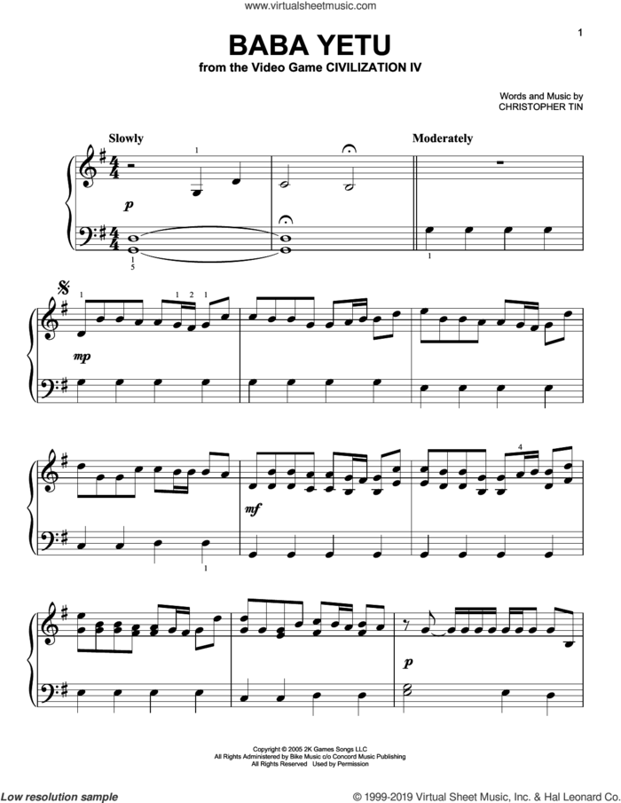 Baba Yetu (from Civilization IV) sheet music for piano solo by Christopher Tin, easy skill level