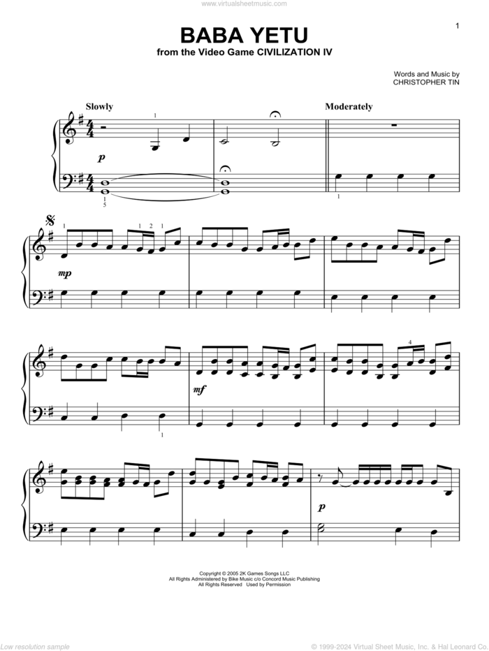 Baba Yetu (from Civilization IV), (easy) sheet music for piano solo by Christopher Tin, easy skill level