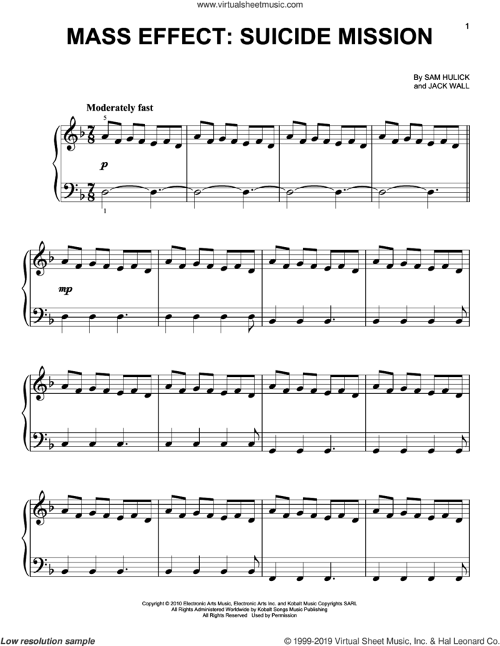 Mass Effect: Suicide Mission sheet music for piano solo by Jack Wall, Jack Wall & Sam Hulick and Sam Hulick, easy skill level