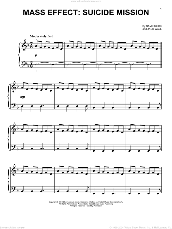 Mass Effect: Suicide Mission, (easy) sheet music for piano solo by Jack Wall, Jack Wall & Sam Hulick and Sam Hulick, easy skill level