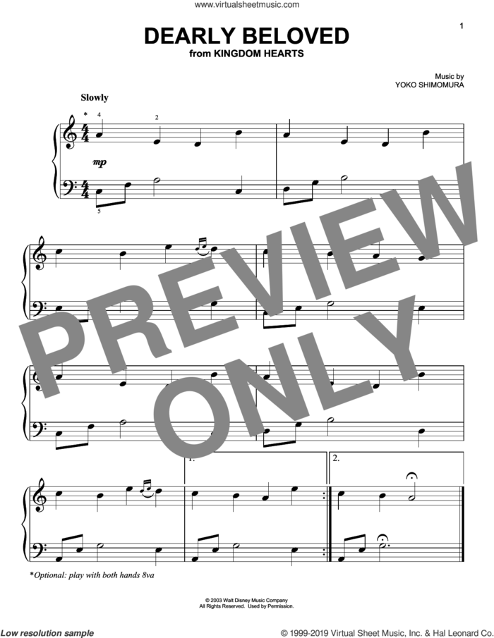 Dearly Beloved (from Kingdom Hearts) sheet music for piano solo by Yoko Shimomura, easy skill level