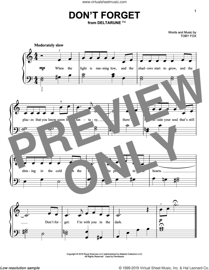 Don't Forget (from Deltarune) sheet music for piano solo by Toby Fox, easy skill level