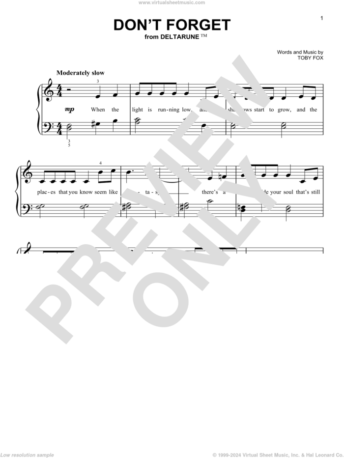 Don't Forget (from Deltarune) sheet music for piano solo by Toby Fox, easy skill level