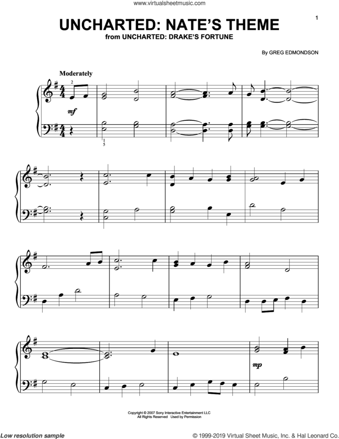 Uncharted: Nate's Theme (from Uncharted: Drake's Fortune) sheet music for piano solo by Greg Edmonson, easy skill level