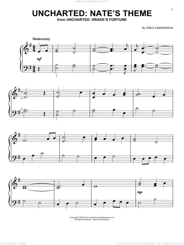 Uncharted: Nate's Theme (from Uncharted: Drake's Fortune) sheet music for piano solo by Greg Edmonson, easy skill level