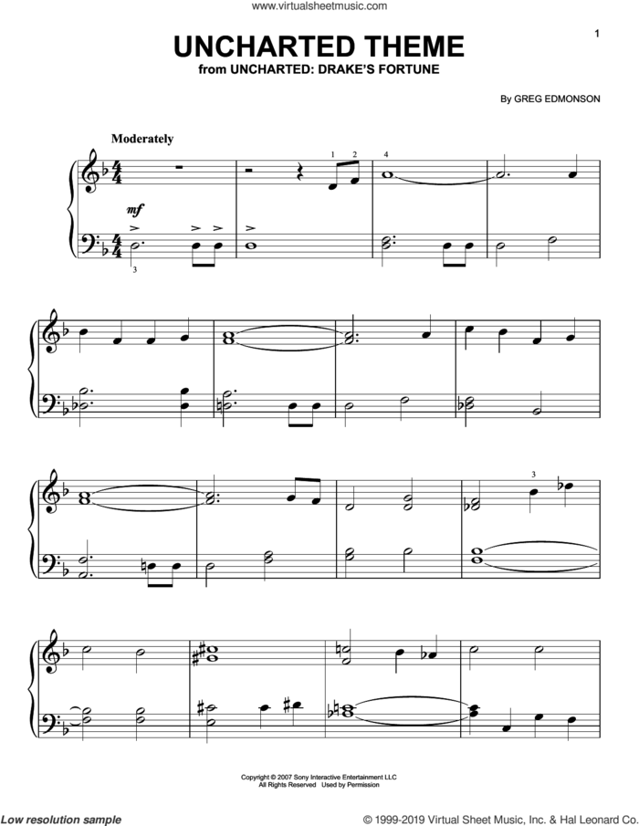 Uncharted Theme sheet music for piano solo by Greg Edmonson, easy skill level