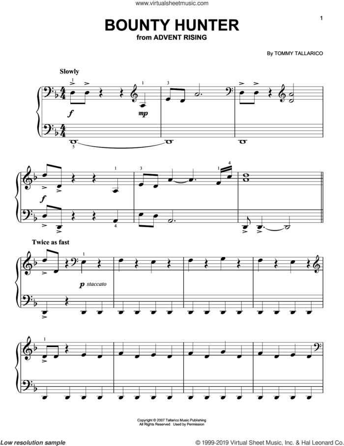 Bounty Hunter sheet music for piano solo by Tommy Tallarico, easy skill level